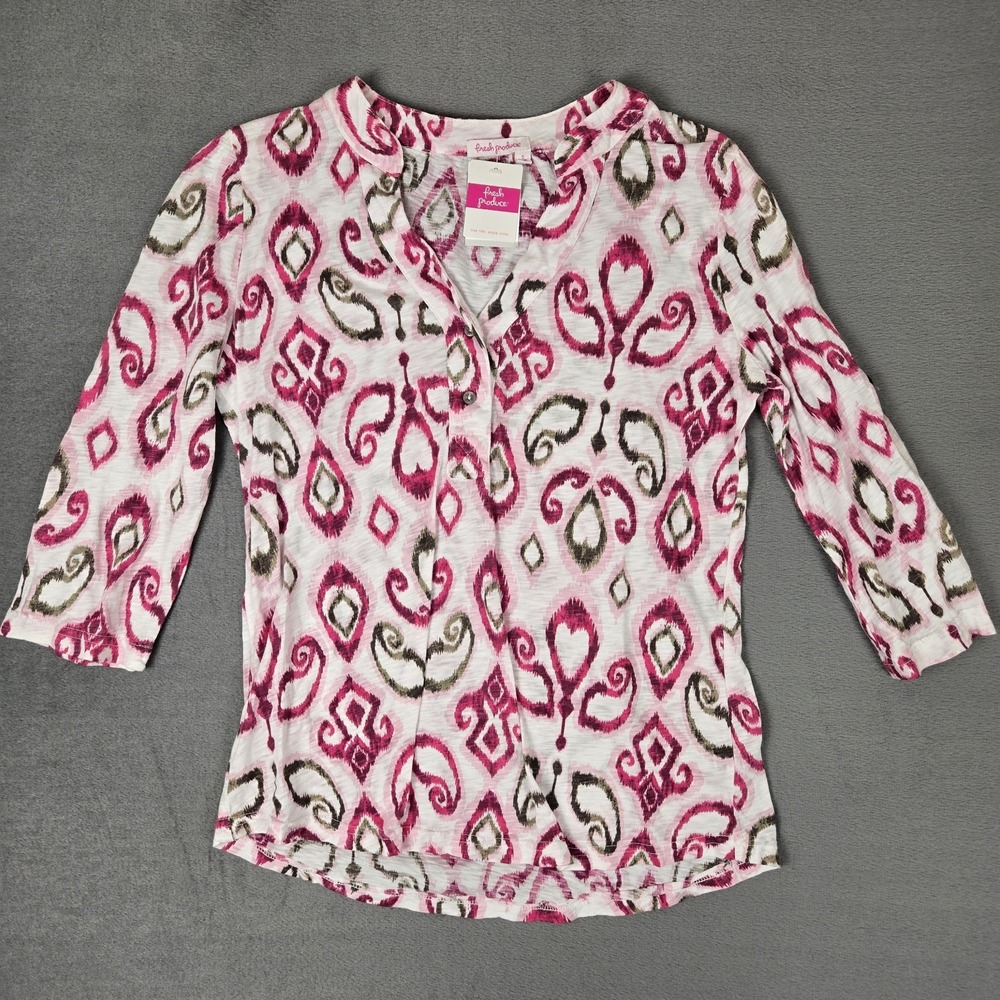 Fresh Produce Henley Shirtβ Womens Small Roll Tab Sleeve White Pink Colorful NWT